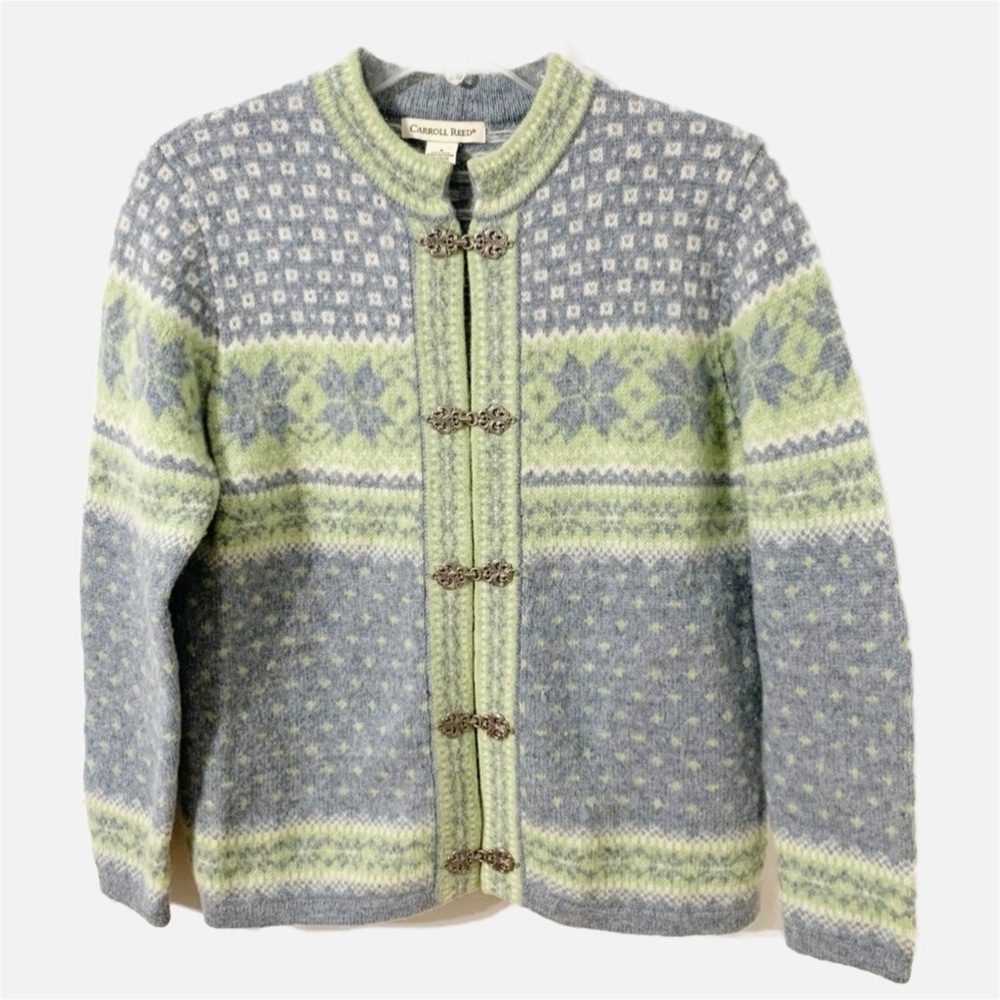 Vintage Carroll Reed Icelandic 100% Wool Cardigan Silver Toned Buckle Hardware